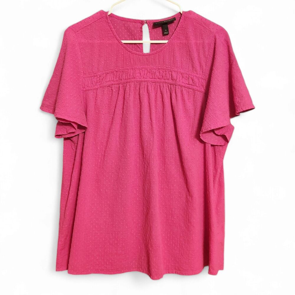 Lane Bryant Flutter-Sleeve Smock Detail Top, Fuchsia Pink, Woman 16, 100% Cotton